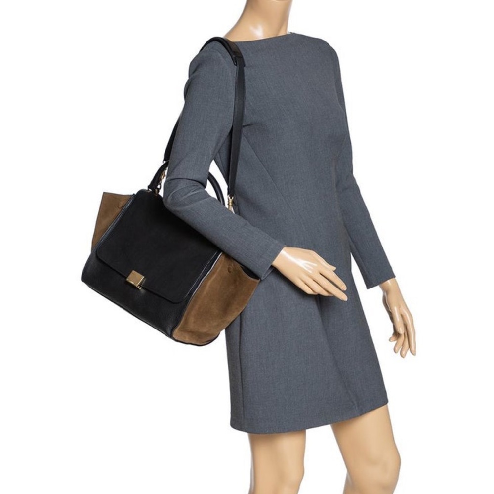 Celine Black/Khaki Leather and Suede Medium Trapeze Bag